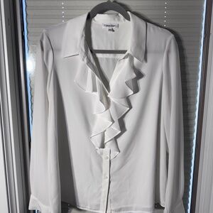 Calvin Klein White Ruffle Front Blouse | Elegant Career Top Large